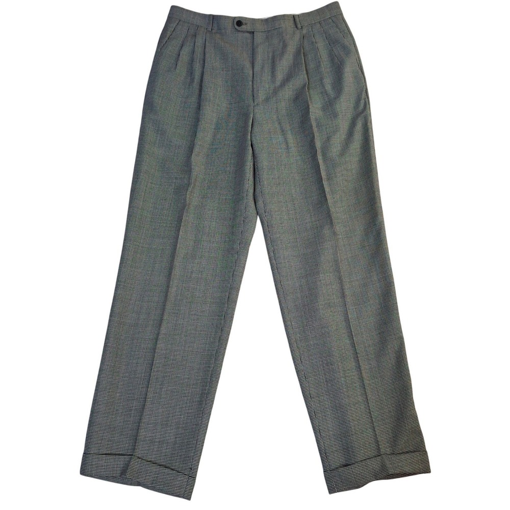Zanella Alter Pants Men's 36x32 Houndstooth Wool Pleated Cuffed Made Italy Black